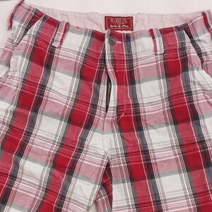 Plugg Men's Plaid Chino Shorts Red White Gray Cotton Flat Front Zip Pockets